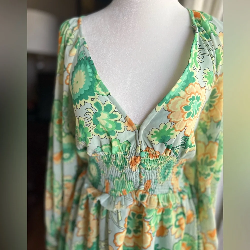ASOS Green Orange Floral Open Back Smocked Mini Dress 70s Retro 4
